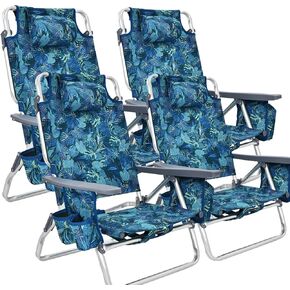 Goplus Backpack Beach Chairs, 3 Pcs Portable Camping Chairs with Cool Bag and Cup Holder, 5-Position Outdoor Reclining Chairs for Sunbathing, Fishing, Travelling (Blue+Green, with Side Table)