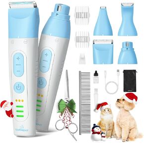 SUPRENT Dog Grooming Kit, 4 in 1 Quiet Pet Clippers for Grooming Supplies, Cordless Cat Paw Trimmer Dog Nail Grinder, Professional Long Hair Shaver Set for Cat Matted Hair and Small Dogs Blue
