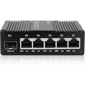 6 Port Unmanaged Ethernet Network Switch with 5* 10/100/1000 Base-T Ports, 1*1000Base-X SFP Port, 14Gbps Switching Capacity, Plug and Play, Din Rail Mount or Wall Mounts, Support 85~250V AC