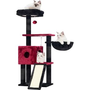 Hey-brother Gothic Cat Tree, 42.5-Inches Cat Tower for Indoor Cats, Plush Multi-Level Kitten Cat Condo with Scratching Post,Ramp, Basket, Spacious Cat Cave, Hanging Ball, Black and Red MPJ007SBR