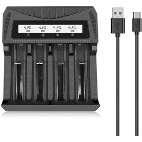18650 Battery Charger, 4 Bay Battery Charger with Smart Universal Charger LCD Display for Rechargeable Batteries Li-ion LiFePO4 NI-MH NI-Cd AA AAA C 26650 16340 18350 18500 10440 14500 RCR123A