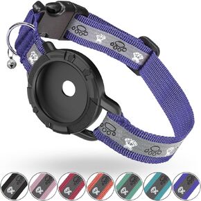 Reflective AirTag Cat Collar, Integrated Cat Tracker Collar with Air Tag Holder and Bell, Safety Elastic Band Cat GPS Collars for Girl Boy Cats, Kittens and Puppies (Purple, 7-9'')
