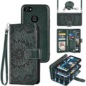 Phone Case for Google Pixel 2XL Zipper Wallet Magnetic Detachable Cell Cover with Screen Protector Crossbody Lanyard Strap Flower Flip Card Holder Slot Pixle 2 XL Pixel2XL Pixel2 LX Women Men Gray