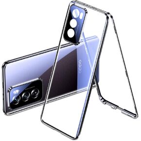 QUIETIP Case Compatible with Oppo Reno 12 Pro 5G,Magnetic Body Metal Frame Double Sided Clear Tempered Glass Cover with Camera Protection,Black