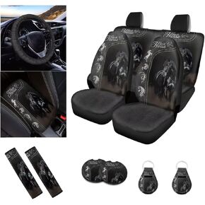 مجموعة كاملة من 12 قطعة لغطاء مقعد السيارة، ملحقات السيارات بطبعة حصان، أغطية مقاعد المقعد الأمامي والخلفي، غطاء عجلة القيادة، وسادات حزام الأمان، مسند الذراع، وسادة الأكواب وسلسلة المفاتيح in Kuwait