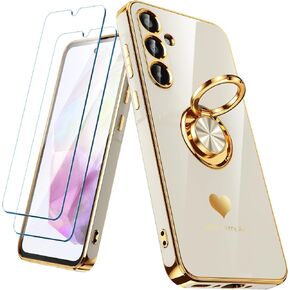 for Samsung Galaxy A35 5G Case with 2 Pack Screen Protector, 360° Rotatable Ring Holder [Luxury Hearts Pattern] Plating Gold Edge Slim Soft Phone Cover Case for Galaxy A35 - Purple