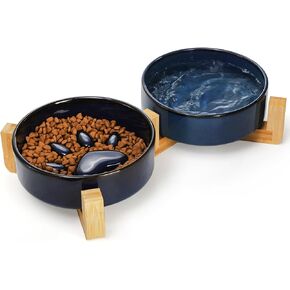 SOUJOY Ceramic Dog Bowl with Wood Stand, Non-Slip Pet Food and Water Bowl Set, Elevated Matte Glaze No Spill Cat Feeding Dish for Small, Medium, Large Sized Dog