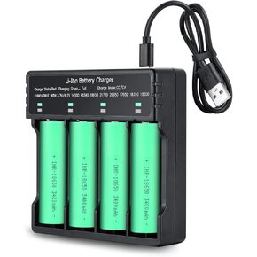 4 Pack 3.7 Volt 18650 (Button Top Type) Rechargeable Batteries and 4 Slot Battery Charger Set, 3400mAh Batteries for Flashlights, Headlamps, Remote Control Cars, Outdoor Garden Lights, etc.