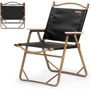Naturehike Foldable Camping Beach Chair Portable, Folding Camping Beach Chair, Aluminum Outdoor Kermit Chair with Solid Wood Armrest, Portable Fishing Chair for Picnic, Supports 265 Lbs - Black