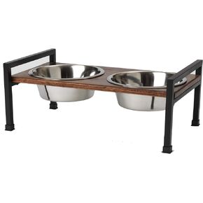 PetRageous 15014 Martinique Wood Non-Slip Table and Steel Frame Dog Diner 6.5-Cup Capacity per Two Removable Stainless-Steel Bowls 5.25-in Tall Elevated Pet Feeding Tray for Large Dogs, Brown