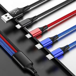 USAMS Multi Charging Cable 2Pack 4FT 4 in 1 Two Type-C Port Nylon Braided Multiple USB Fast Charging Cord Adapter Type C Micro USB Port Connectors Compatible Cell Phones Tablets (2, 4FT)