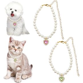2 PACK Cat Dog Pearl Necklace Collar, Small Dogs Cats Rhinestones Collar Necklace Set, with Rhinestones Heart Charm Pendant Adjustable Dog Jewelry