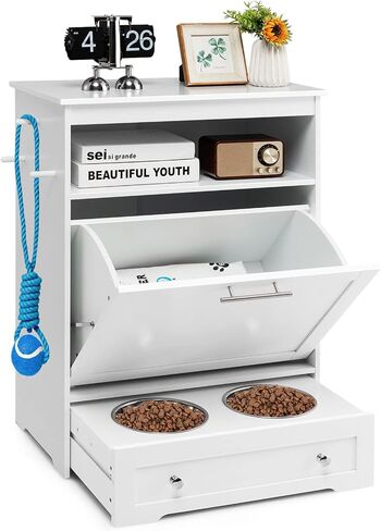 Tangkula Pet Feeder Station, Dog Food Storage Container with Double Pull Out Dog Bowls, Pet Food Toy Organizer Cabinet, Pet Feeding Station Furniture for Dogs Cats Feeding & Watering Supplies (White) in Saudi Arabia