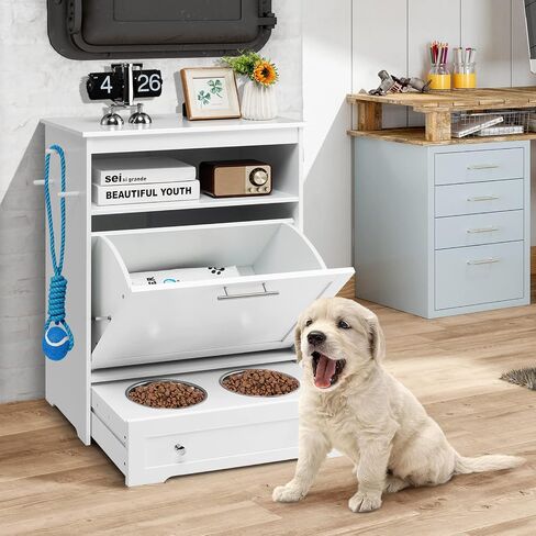Tangkula Pet Feeder Station, Dog Food Storage Container with Double Pull Out Dog Bowls, Pet Food Toy Organizer Cabinet, Pet Feeding Station Furniture for Dogs Cats Feeding & Watering Supplies (White) in Saudi Arabia