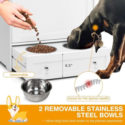 Tangkula Pet Feeder Station, Dog Food Storage Container with Double Pull Out Dog Bowls, Pet Food Toy Organizer Cabinet, Pet Feeding Station Furniture for Dogs Cats Feeding & Watering Supplies (White) in Saudi Arabia
