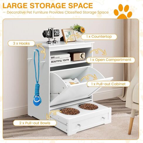 Tangkula Pet Feeder Station, Dog Food Storage Container with Double Pull Out Dog Bowls, Pet Food Toy Organizer Cabinet, Pet Feeding Station Furniture for Dogs Cats Feeding & Watering Supplies (White) in Saudi Arabia