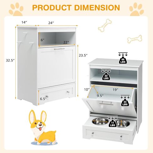 Tangkula Pet Feeder Station, Dog Food Storage Container with Double Pull Out Dog Bowls, Pet Food Toy Organizer Cabinet, Pet Feeding Station Furniture for Dogs Cats Feeding & Watering Supplies (White) in Saudi Arabia