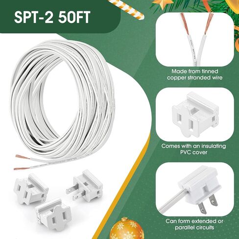 SPT-2 سلك كهربائي بطول 50 قدم 18/2 مع 6 مقابس 18 سلك AWG سلك قياس 18 لمصباح شريط الإضاءة LED، كابل تمديد المصباح، صناعي تجاري خارجي سكني، أبيض in Kuwait