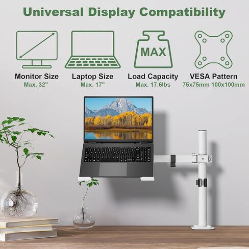 Laptop Desk Mount, Single Laptop Mount Stand with Vented Tray for Notebook up to 17 inch, Fully Adjustable Laptop Arm Mount for Desk Holds up to 17.6 lbs, Clamp on/Grommet Mounting, White in Kuwait
