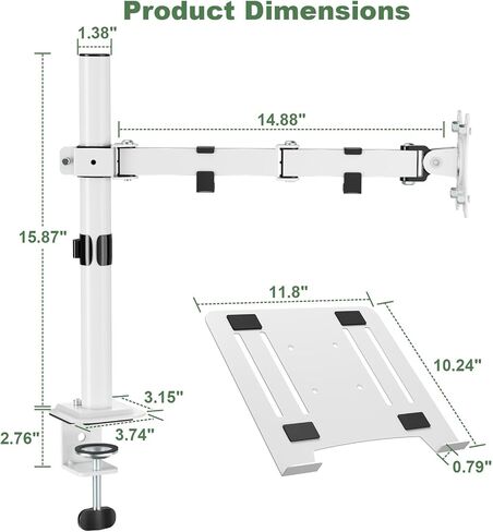 Laptop Desk Mount, Single Laptop Mount Stand with Vented Tray for Notebook up to 17 inch, Fully Adjustable Laptop Arm Mount for Desk Holds up to 17.6 lbs, Clamp on/Grommet Mounting, White in Kuwait