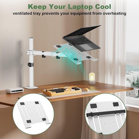 Laptop Desk Mount, Single Laptop Mount Stand with Vented Tray for Notebook up to 17 inch, Fully Adjustable Laptop Arm Mount for Desk Holds up to 17.6 lbs, Clamp on/Grommet Mounting, White in Kuwait