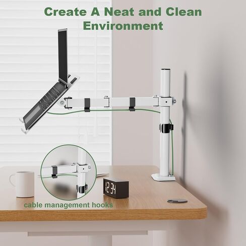 Laptop Desk Mount, Single Laptop Mount Stand with Vented Tray for Notebook up to 17 inch, Fully Adjustable Laptop Arm Mount for Desk Holds up to 17.6 lbs, Clamp on/Grommet Mounting, White in Kuwait