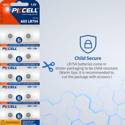 بطارية PKCELL LR754 بطارية خلية زر AG5 1.5 فولت 309 393 SR754W بطاريات قلوية معدنية (20 قطعة (عبوة من 1)) in Kuwait