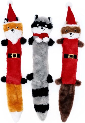 ZippyPaws Christmas Skinny Peltz Dog Toys - Stuffed Animals for Small & Medium Puppies, Plush Interactive Squeakers, Stocking Stuffer Gifts for Pets - Santa Fox, Raccoon, & Elf Squirrel in Saudi Arabia