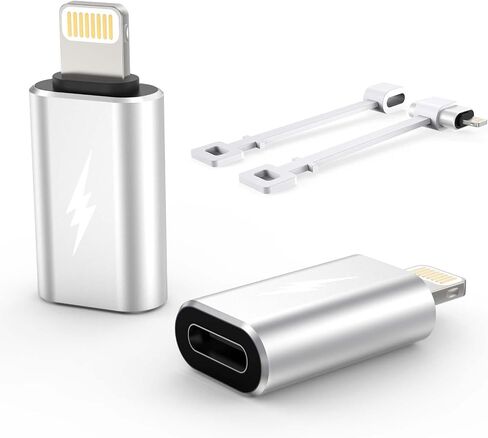 محول TechMatte USB C من النوع C إلى Lightning [عبوة من قطعتين] شحن 12 وات متوافق مع iPhone 14 والموديلات السابقة iPad iPod AirPods، وليس لسماعات الرأس/OTG Android حامل مضاد للفقد، فضي in Kuwait