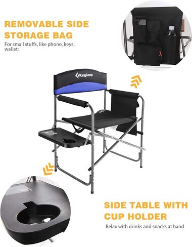 كرسي مدير التخييم KingCamp شديد التحمل للبالغين قابل للطي كبير الحجم في الهواء الطلق مع طاولة جانبية وجيوب مقعد مبطن، يدعم 400 رطل، حزمة واحدة، أسود/أزرق ملكي in Kuwait