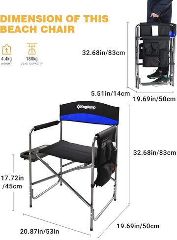 كرسي مدير التخييم KingCamp شديد التحمل للبالغين قابل للطي كبير الحجم في الهواء الطلق مع طاولة جانبية وجيوب مقعد مبطن، يدعم 400 رطل، حزمة واحدة، أسود/أزرق ملكي in Kuwait