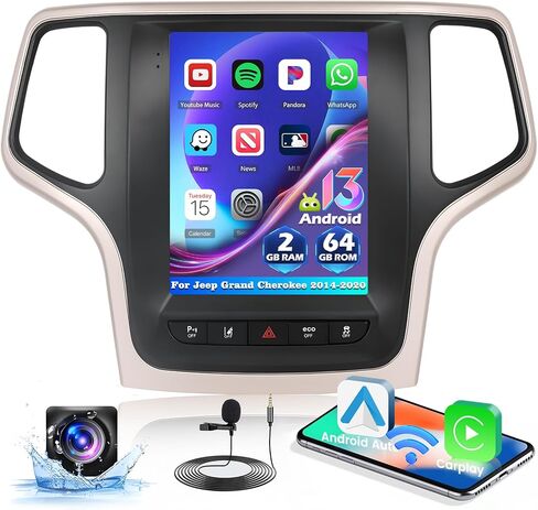راديو سيارة 2+64 جيجا لسيارة جيب جراند شيروكي 2014-2020 مع Carplay Android Auto، 9.7 بوصة Android 13 شاشة لمس عمودية سيارة ستيريو GPS WiFi BT SWC EQ مرآة رابط كاميرا احتياطية ميكروفون in Saudi Arabia