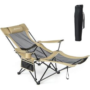 Goplus Reclining Camping Chair with Foot Rest, Folding Lounge Chair for Adults, w/Adjustable Backrest, Storage Bag & Cup Holder, Portable Recliner Beach Chair Outdoor Camp Picnics, 330 LBS (1, Grey)