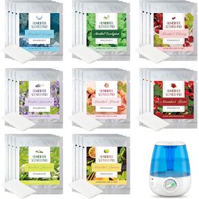 32 Pcs Humidifier Scented Pads 1.46 x 0.8 Inch Replacement Vapor Pads 8 Styles Universal Vapor Pads Eucalyptus Menthol 8h Long Lasting Relief Vapor Scented Pads for Humidifier Home Office