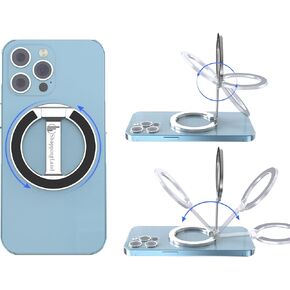 Strong Magnetic Phone Grip with Kickstand- Versatile Cell Phone Holder for Gym, Car Mount- Durable Double-Sided Magnetic Ring- Includes Metal Ring, Compatible with iPhone and All Cell Phones- (Silver)