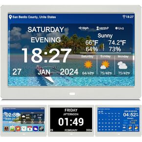 10.1inch WiFi Digtial Calendar Clock with Day and Date Alarm Clock with Weather Temperature Humidify Dementia Alzheimers Clock for Elderly Auto Dimmable 8 Alarm Options