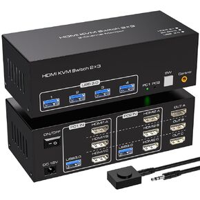 8K60Hz HDMI KVM Switch 3 Monitors 2 Computers USB 3.0 KVM Switches with 4 USB Ports Monitor Switch for 2 Computers Support Extended & Copy Mode 12V DC Adapter 2 USB Cables Included