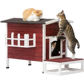 Petsfit Cat House Outdoor Weatherproof for 1-2 Cats, Sizing 34" Lx18 Wx23 H,Wooden Outside Cat House with Corrido and Escape Door White