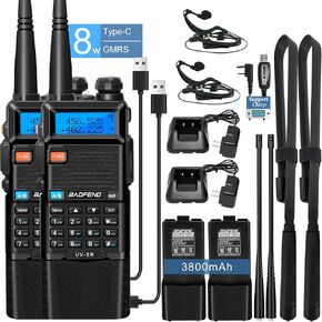 BAOFENG Radio UV-5R 8W Ham Radios Long Range UV5R GMRS Handheld Radio 3800mAh Rechargeable Walkie Talkies Two Way Radio with Programming Cable,Tactical Antenna and Earpiece for Survival Gear, 2 Pack