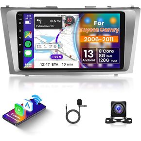 8 Core 8+128G for Toyota Camry 2006-2011 Android Car Radio with Wireless Carplay Android Auto, 9 Inch QLED Touch Screen Car Stereo Supports 4G/ WiFi, GPS, Bluetooth 5.0, FM/AM, DSP, Backup Camera