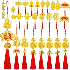 28pcs Dragon Charm Red Hanging Knot Good Luck Charms Pendants 2024 Chinese New Year Decorations Red Tassel Ornaments for Fortune Wealth Health Success Car Home Decor