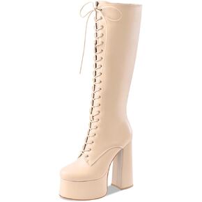 Perisis Women's High Chunky Heel Platform Knee High Boots Fashion Leather Lace Up Heeled Long Boots Wide Calf