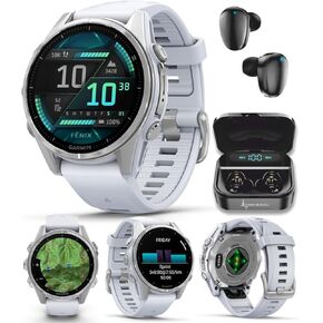 Wearable4U Garmin Fenix 8 – 47 mm, AMOLED Sapphire Multisport GPS Smartwatch,Carbon Gray DLC Titanium with Black/Pebble Gray Silicone, Built-in LED Flashlight Black Earbuds Bundle