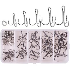 100pcs Fishing Treble Hook Kit, Round Bend Treble Hooks Size 2 4 6 8 10 with Split Rings for Making Fishing Lure Spinner Spoon Crankbait