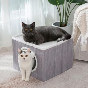LUCKITTY Cat Condo House with Reversible Cushions and Fluffy Ball Hanging, Foldable Cat Cube, Large Cave Bed for Indoor Cats Kittens, Grey Wood Grain Pattern