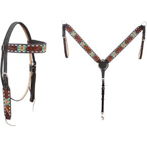 CHALLENGER Horse Western Floral Tooled Laced Browband Tack Set Bridle Headstall Breast Collar 78HR05B