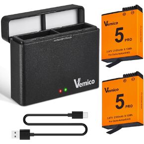 Vemico for OSMO Action 5 Pro Battery Charger, 2100mAh Action 5 Pro Batteries 2 Pack 5V3A USB-C Dual-Slot Replacemnet Battery Charger for OSMO Action 5 Pro, OSMO Action 4, Action 3 Cameras