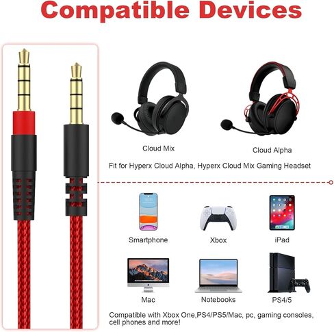 كابل صوت بديل متوافق مع سماعة ألعاب Kingston Hyperx Cloud Mix/Alpha، كتم صوت مدمج للتحكم في مستوى الصوت، سلك سلك صوت Aux قابل للفصل/الإزالة 3.5 مم (أحمر) in Kuwait