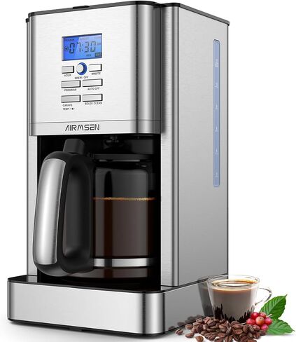 AIRMSEN Programmable Coffee Maker 12 Cup Drip Coffee Machine with Coffee Pot, Stainless Steel, Auto-Brewing, 24H Timer, 3 Temp Setting, 4H Warm-Keeping, Reusable Coffee Filter, Silver in Saudi Arabia