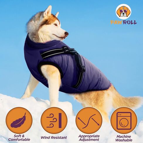 PawRoll Dog Jacket for Winter - Zipper Dog Puffer Coat with Harness - Waterproof Exterior & Warm Fleece Interior Ideal for Small, Medium & Large Breeds (X-Large, Blue) in Saudi Arabia
